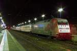 101 144  Hertha BSC  steht mit mit dem IC 2131 (Emden Aunehafen -> Cottbus) mit +12 Minuten Versptung im Bahnhof von Lbben/Spreewald bereit und wartet auf die Weiterfahrt.