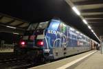 101 042-0(Tonnenweise CO2 sparen mit dem ECO2PHANTEN-DB Schenker) mit   IC 2216 von Stuttgart nach Stralsund kurz nach der ankunft im Rostocker Hbf.01.11.2011 