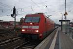 Hier 101 134-5 mit EC378 von Bratislava hl.st. nach Ostseebad Binz, dieser Zug stand am 7.2.2014 in Angermünde.