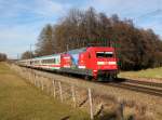 Die 101 029 mit einem EC am 15.02.2014 unterwegs bei Vogl.