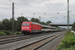 Am 16.09.2016 bespannte 101 145-1 den EC 8 (Zürich HB - Hamburg Altona), als sie durch den Bahnhof von Müllheim (Baden) in Richtung Freiburg (Breisgau) fuhr.