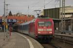 101091 bespannt am 13.02.2014 um 11.08 Uhr in Stralsund den Eurocity nach Brünn.