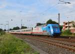 101 071-9 Märklin-Händlerinitiative zieht den IC 2223 am Donnerstag den 23.7.2015 den wegen Bauarbeiten an der Kbs 480 in Rheydt Hbf endenden Zug nach Köln.