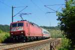 120 155-7 zieht am 01.08.07 den IC 2298 von Salzburg HBF nach Frankfurt(Main)HBF, hier in Urspring, in der Nhe von Ulm aufgenommen.