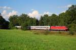 120 150-8 schob am 25.08.07 den IC 2161 von Karlsruhe HBF nach Nrnberg HBF, hier bei Schwabsberg fotografiert.