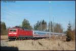 120 120-1 schiebt am 03.02.08 IC 2067 von Karlsruhe Hbf nach Nrnberg Hbf, aufgenommen an der oberen Jagsttalbahn (KBS 786) in Goldshfe.