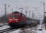 120 154-0 fhrt hier gerade mit dem EC341  Wawel  (Hamburg-Altona -> Krakow Glowny) aus dem Bahnhof von Lbbenau/Spreewald raus. 21.02.2009