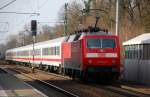 120 134 hat am 14.03.09 die Aufgabe, einen IC aus Richtung Berlin nach Leipzig Hbf zu schieben, hier in Burgkemnitz.