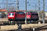 im Bf Stralsund abgestellte 120 154 und 115 350 am 02.04.2010