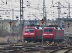 Schwesterntreffen im Bf Stralsund am 03.04.2010 mit 120 132 und 120 154