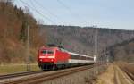 120 155-7 mit dem IC 183 (Stuttgart Hbf-Zürich HB) bei Grünholz 8.3.15