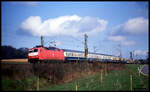 120104 ist hier am 23.3.1991 bei Vehrte mit dem IC Mercator um 9.41 Uhr auf dem Weg nach Osnabrück.