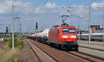 145 035 führte am 27.08.17 einen gemischten Güterzug durch Bitterfeld Richtung Leipzig.