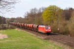 145 080 zieht einen Schotterzug von Landshut in Richtung München-Laim. Oberschleißheim 11.04.2018