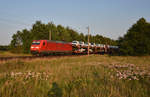 DB Schenker 145 023-8 mit neuem VW Material am Haken, unterwegs in Richtung Hamburg.