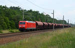 Am 19.06.19 führte 145 057 einen Schwenkdachwagenzug durch Burgkemnitz Richtung Bitterfeld.