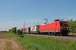 Mit einem KLV aus Italien fuhr am 29.04.2018 die 145 076-6 nördlich von Müllheim (Baden) bei Hügelheim über die KBS 703 in Richtung Freiburg (Breisgau).