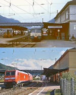 Auch beim Vergleich der beiden Aufnahmen vom Bahnhof Geislingen (Steige) halten sich die baulichen �nderungen in Grenzen: Oben der 427 104-5 um 1985, darunter die 146 213-4 um 2010 vor einem