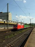 145 059-2 mit einem Hanggartnerganzzug bei der Durchfahrt von Koblenz Hauptbahnhof.20.4.09