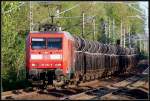 145 032-9 vor einem Rhrenzug unterwegs nach Mukran.   Stralsund (vor dem Abzweig Srg) am 14.05.09