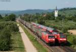 Familientreffen: 145 025-3 mti einem Amborgio KLV trifft auf die RB 31102 (Neuenburg(Baden)-Offenburg) bei Denzlingen 14.7.10