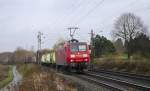 145 065-9 mit einen Containerzug, am 8.1.2014 auf der KBS 485, Km 21,8 Rimburg nach Aachen