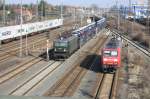 142 001-7 mit einem Autotransportzug & 145 026-7 in Leipzig Engelsdorf 27.03.2011