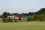 Der abendliche 51687er als Autozug mit der 145 019-6 passiert gleich Liebau/Pöhl Aufgenommen am 12.06.2015