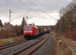 145 030 mit einem Frankenwaldumleiter zu sehen am 02.02.16 in Jößnitz gen Reichenbach.