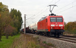 145 012 schleppte am 23.10.16 einen gemischten Güterzug durch Greppin Richtung Bitterfeld.