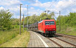 145 092-3 unterwegs mit Blechlawine an der Blockstelle Zscherben Richtung Halle Rosengarten.
