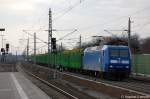 145 023-6 Press (145 083-2) mit leeren Holzzug in Rathenow in Richtung Wustermark unterwegs. 13.03.2011