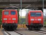 151 059-3 und 145 001-4 stehen am 15.04.2014 auf dem neuen Abstellgleis in Aachen West.