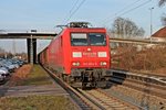145 054-3 am 03.02.2015 bei der Durchfahrt in Orschweier mit einemgemischten Güterzug in Richutng Freiburg.