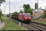 Gemischter Gz mit 145 053-5 DB fährt in Teutschenthal, Dömikenweg, auf der Bahnstrecke Halle–Hann.