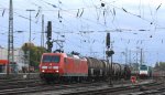145 074-1 DB fährt mit einem Kesselzug aus Antwerpen-BASF(B) nach Ludwigshafen-BASF bei der Ausfahrt in Aachen-West und fährt in Richtung Köln in der Abendstimmung am 15.10.2012.