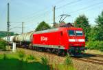 145 002 mit Güterzug Richtung Magdeburg am 11.08.1998 in Marienborn