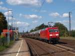 Am 28.08.2014 fuhr 145 025-3 von Seddin aus kommend mit ihrem gemischtem Güterzug durch den Bahnhof Saarmund auf dem Berliner Außenring! 