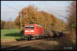 145051 mit einem Güterzug in Richtung Münster am Ortsrand von Hasbergen am 21.11.2014 um 12.52 Uhr.