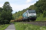 145 023-6 der Pressnitztalbahn mit leerem Holzzug bei Erzhausen am 29.06.2016
