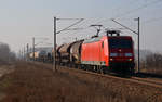 145 047 schleppte am 14.02.17 einen gemischten Güterzug durch Leipzig-Rückmarsdorf nach Engelsdorf.