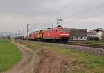 145 012, 203 119 und 145 065 (MEG) fuhren am 18.04.21 einen leeren Zementzug durch Etzelbach nach Rüdersdorf bei Berlin.
