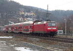 DB 146 025 mit der S 31742 (S1) von Bad Schandau nach Meißen Triebischtal, am 17.02.2017 in Königstein.