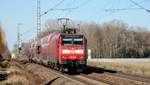 146 005-4 mit dem 4569 (RE 70) nach Mannheim Hbf kurz vor Lampertheim. Am 25.02.18 war diese Garnitur in umgekehrter Wagenreihung unterwegs (normal ist die Lok nach Norden und der Stw nach Süden).