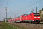 Nachschuss auf die Dortmunder 146 122-7, welche an das BW Freiburg (Breisgau) ausgeliehen war, als diese am Nachmittag des 11.04.2019 mit ihrem RE (Basel Bad Bf - Offenburg) in den Haltepunkt von