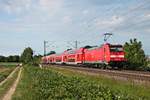 Nachschuss auf 146 214-2, als diese am frühen Abend des 19.05.2020 ihren RE (Basel Bad Bf - Freiburg (Brsg) Hbf) südlich von Buggingen über die KBS 702 durchs Rheintal in Richtuhng Norden schob.