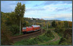 Unterhalb der Dornburger Schlösser zieht 146 016 der DB Regio mit dem RE nach Jena am 28.10.2023 durch das Saaletal.