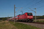 Nahe der Ortschaft Werle zieht 146 221-7 ihren RE1 nach Hamburg dem nächsten Halt in Bützow entgegen. Fotografiert am 10.07.2025.  