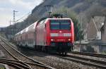 146 009-6, RE 5 nach Emmerich mit Doppelstockwagen bei Brohl am Rhein - 02.04.2010