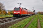 146 243-1 schiebt einen RE am 27.10.15 nach Würzburg gesehen bei Thüngersheim.